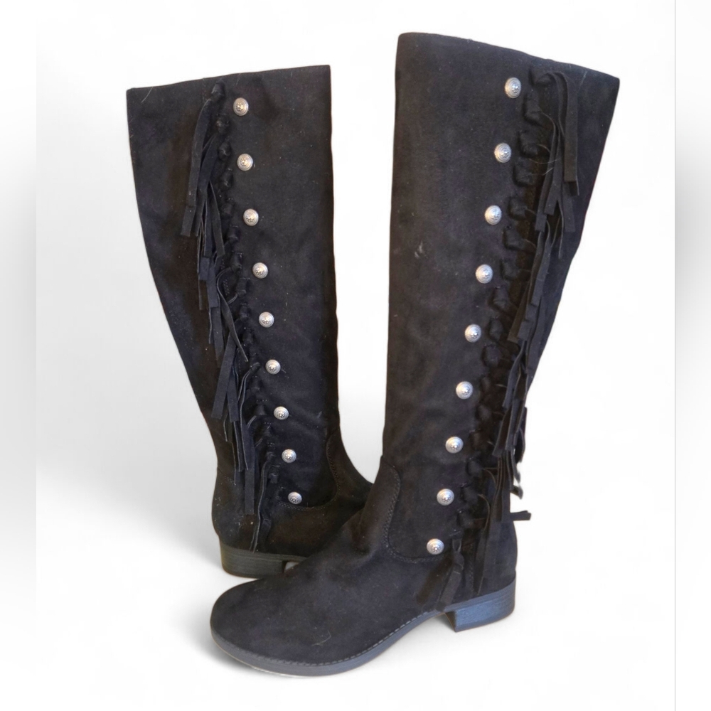 NIB Indigo Rd. Knee High Faux Suede W/ Fringe Full Zip Boots SZ 8M In Blk